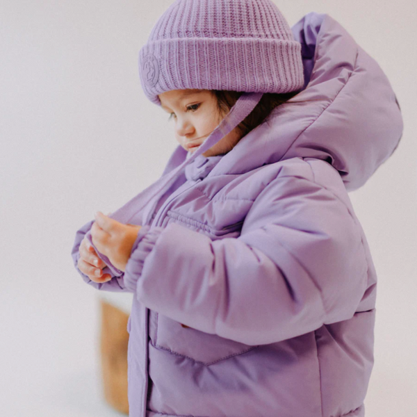 Purple Down Jacket With High Collar and Nylon Hood Baby Plum Home Design