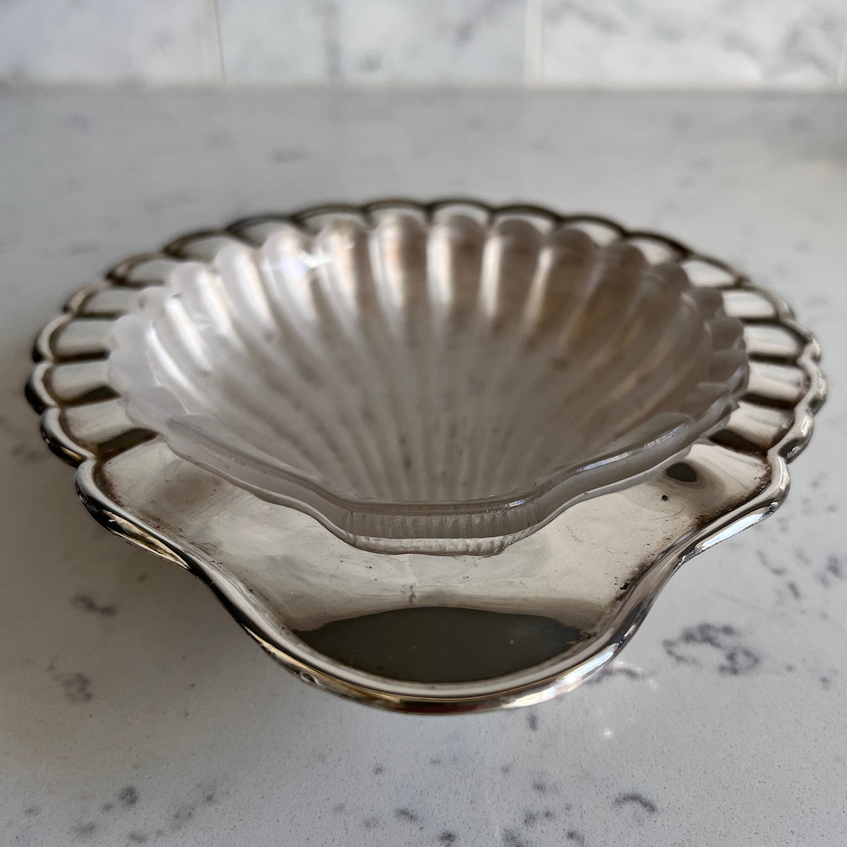 Antique Silver Plate + Glass Shell Bonbon Dish