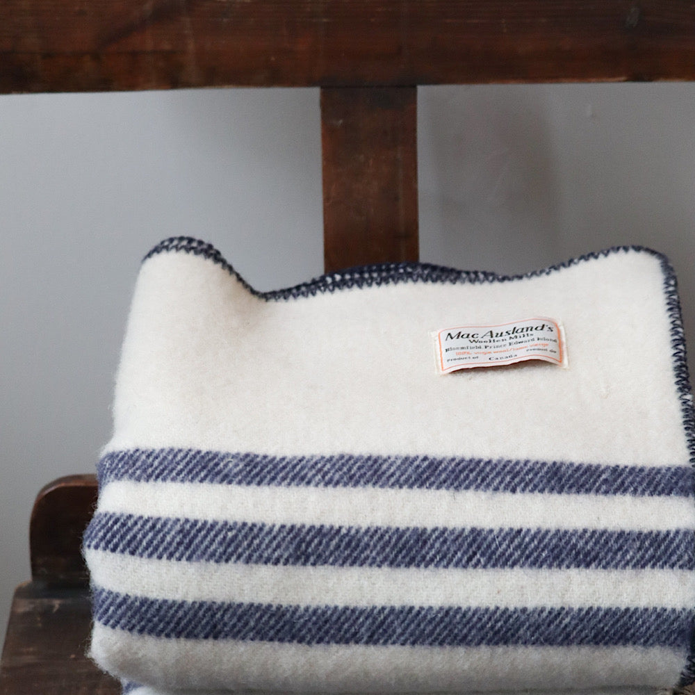 MacAusland White Lap Blanket, Navy Stripes