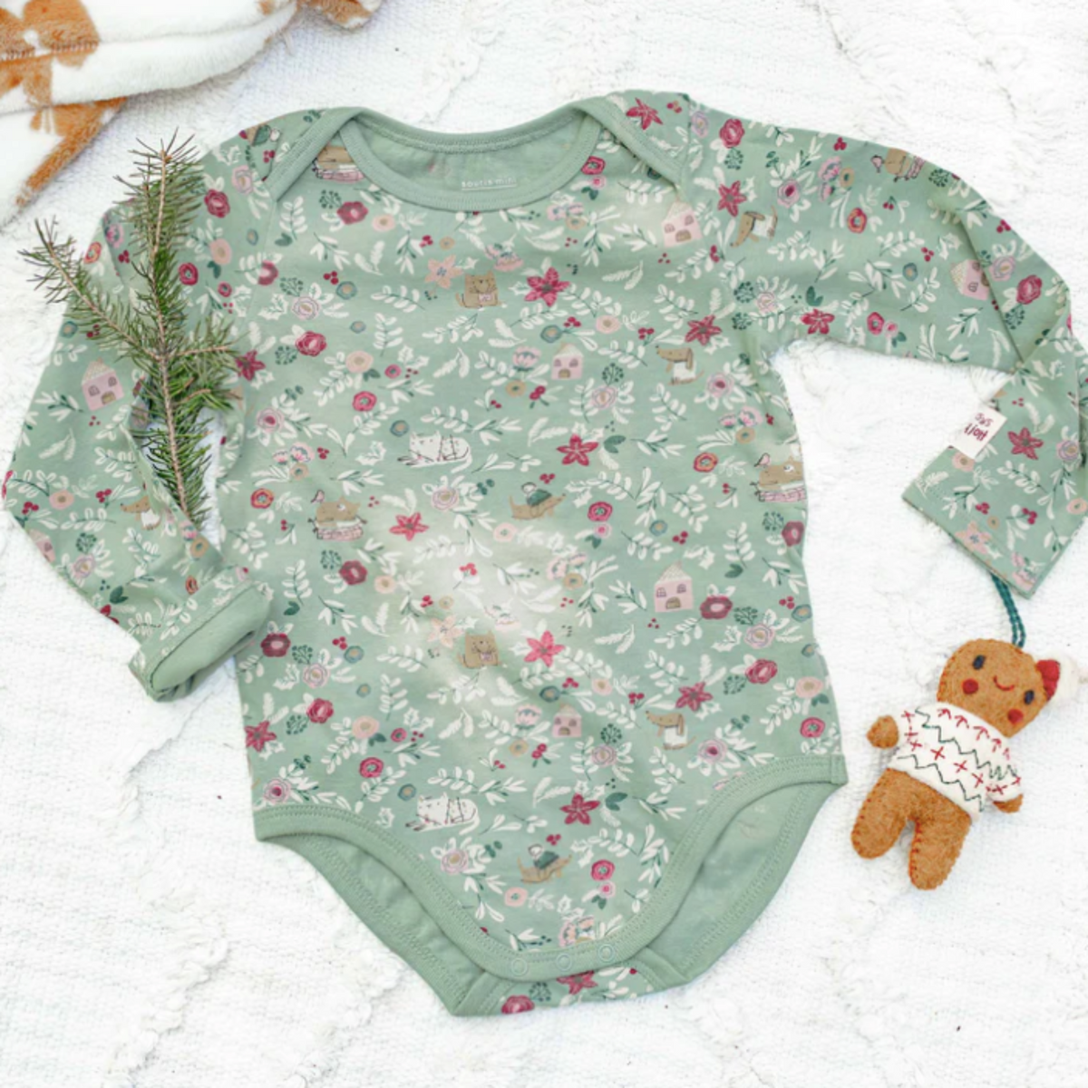 Green Floral Holiday Bodysuit in Cotton, Baby