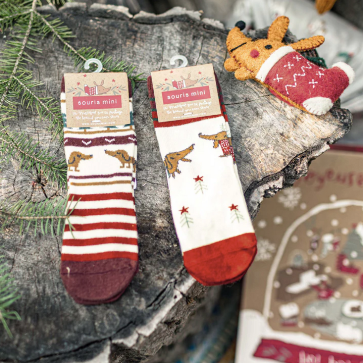 Cream and Red Socks with Holiday Pattern, Baby