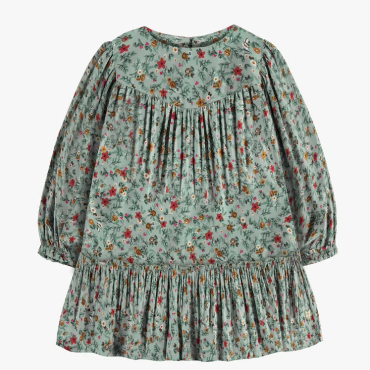Green Long Sleeves Dress with Ruffle and Floral Pattern in Viscose, Child