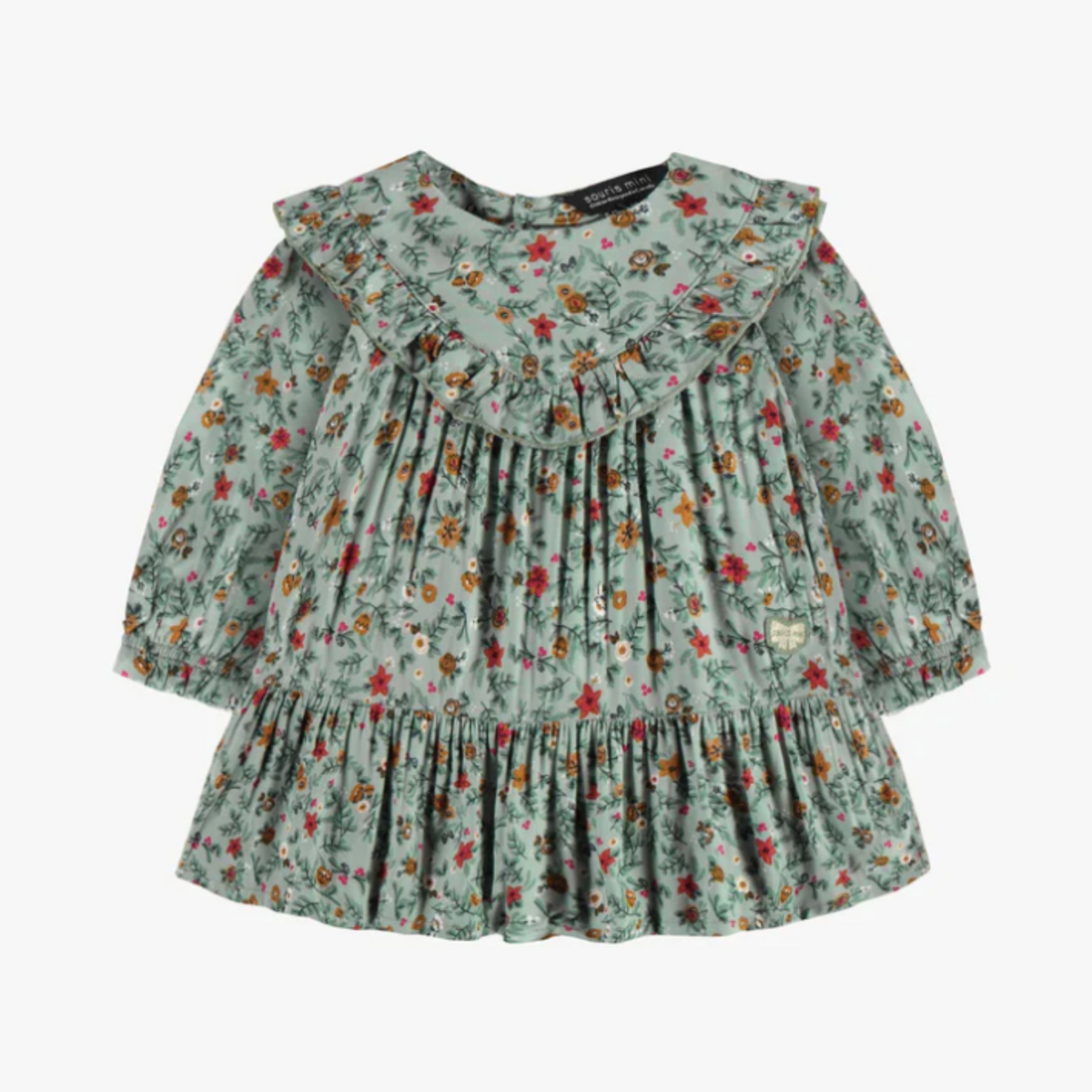 Green Long Sleeves Dress with Ruffle and Floral Pattern in Viscose, Baby