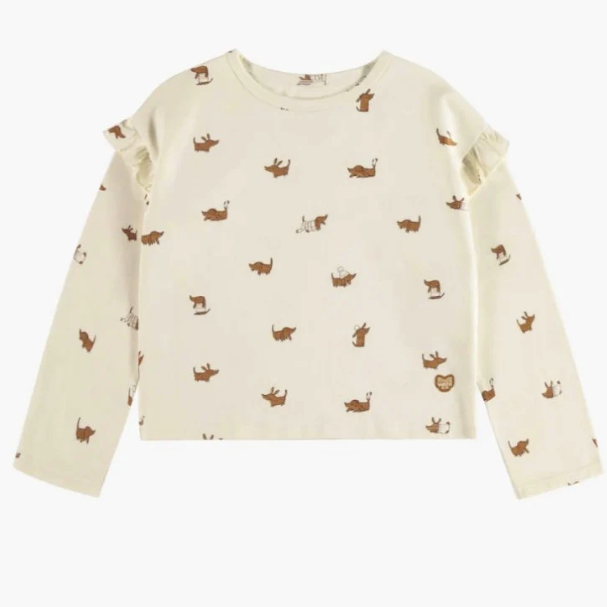 Cream Long Sleeve T-shirt with Dog Pattern in Stretch Jersey, Child