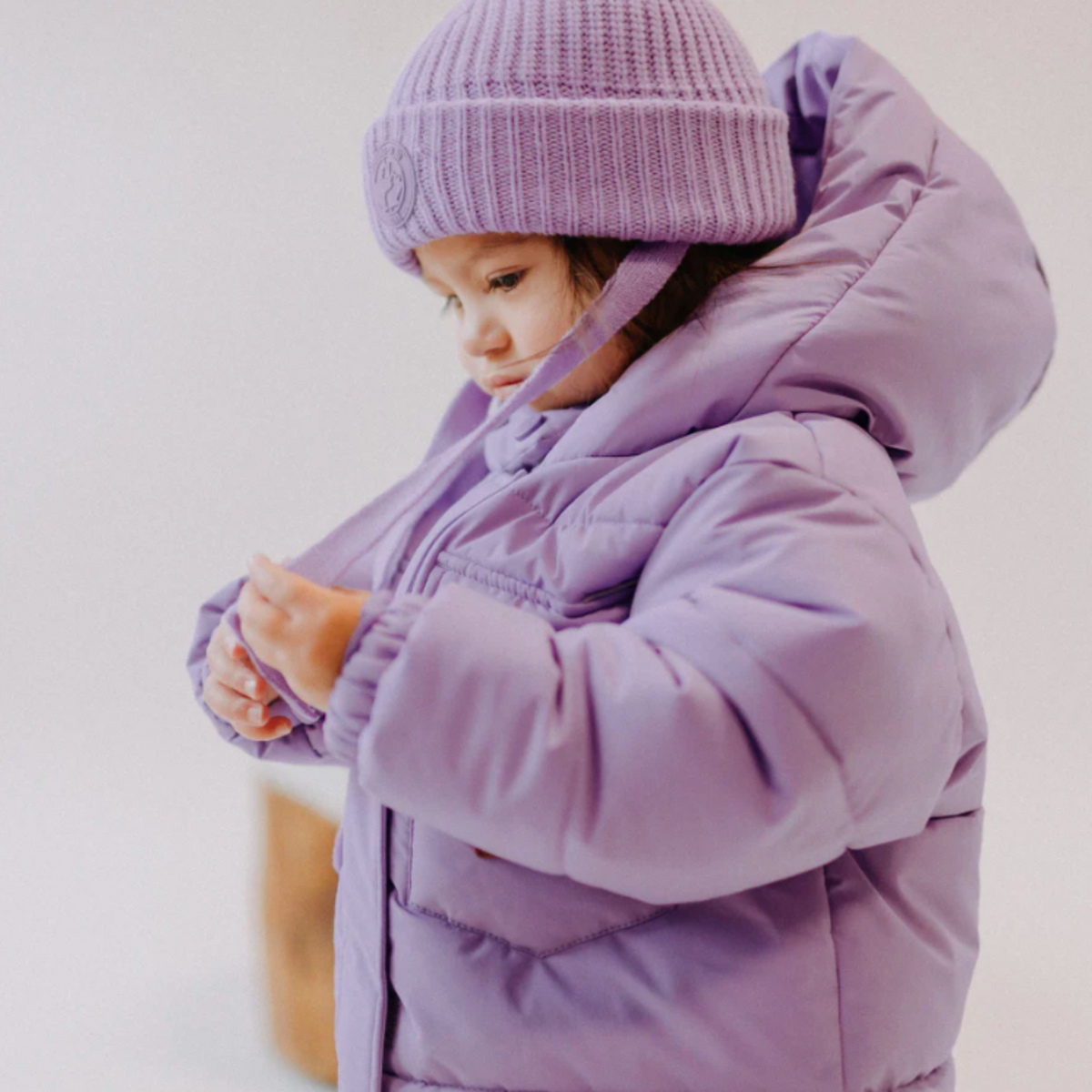 Purple Down Jacket With High Collar and Nylon Hood, Baby