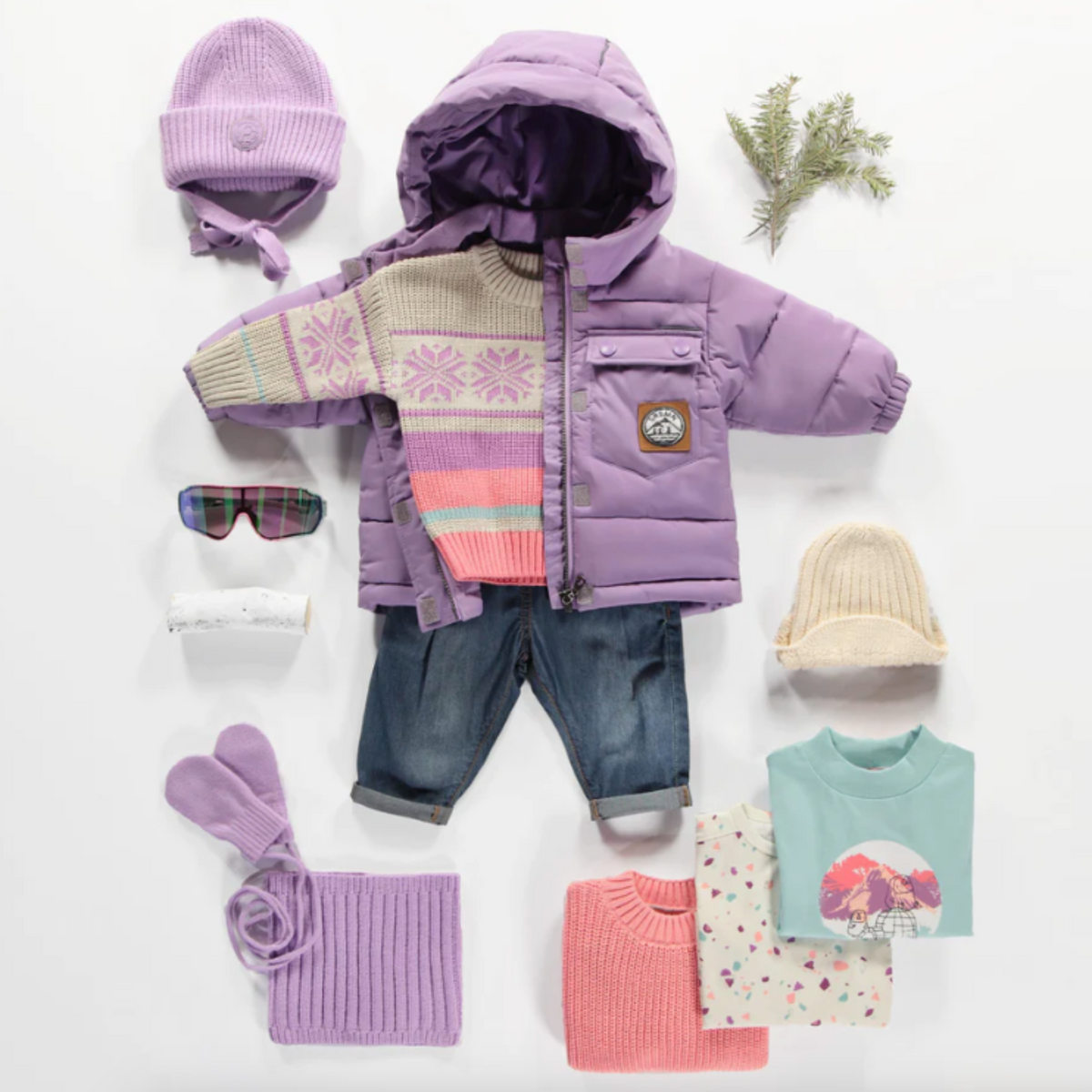 Purple Down Jacket with High Collar and Nylon Hood, Toddler