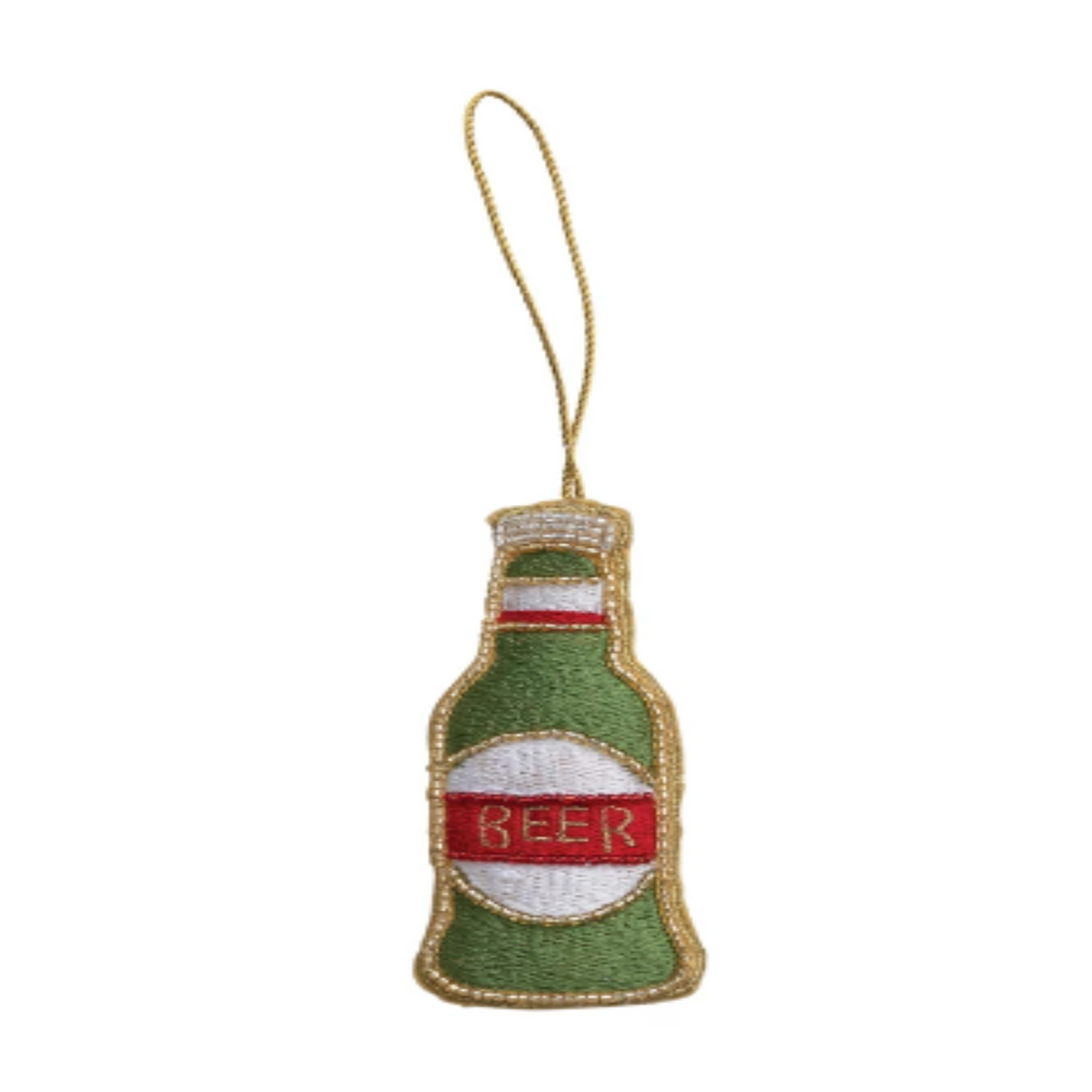Imperfect Fabric Beer Bottle Ornament w/ Embroidery &amp; Beads