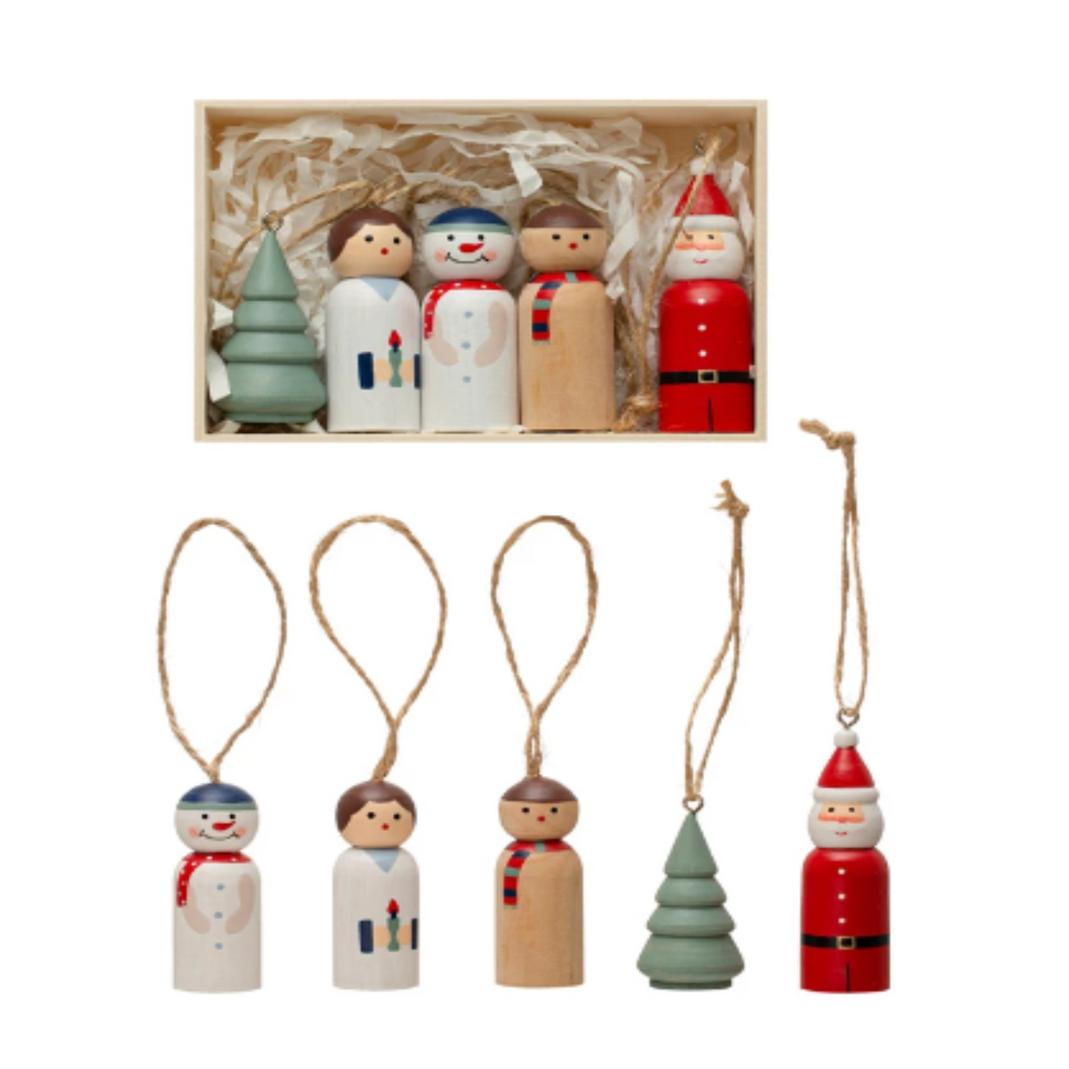 Hand-Painted Pine Wood Christmas Ornaments, Boxed Set of 5