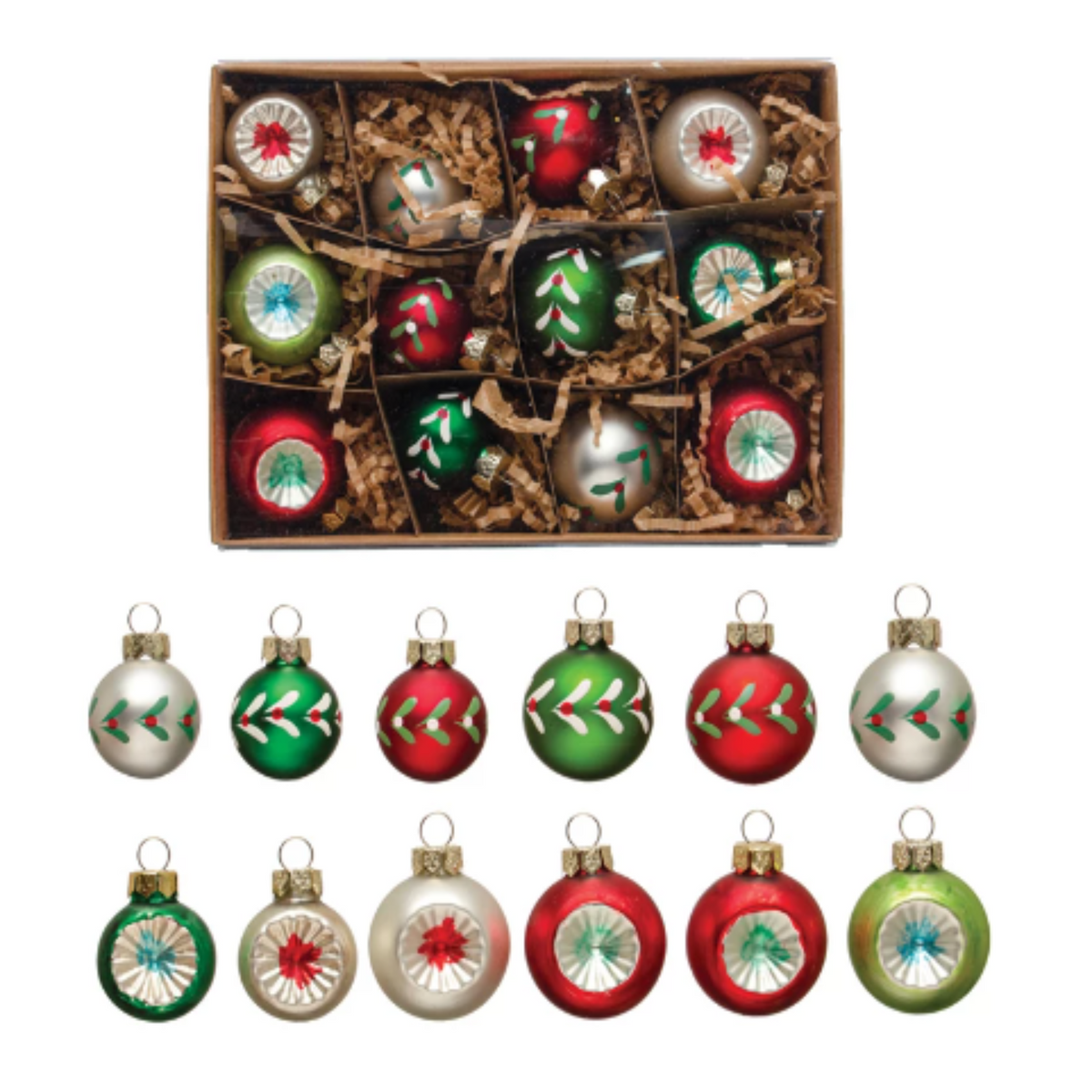 Round Hand-Painted Glass Ball Ornaments, Boxed Set of 12