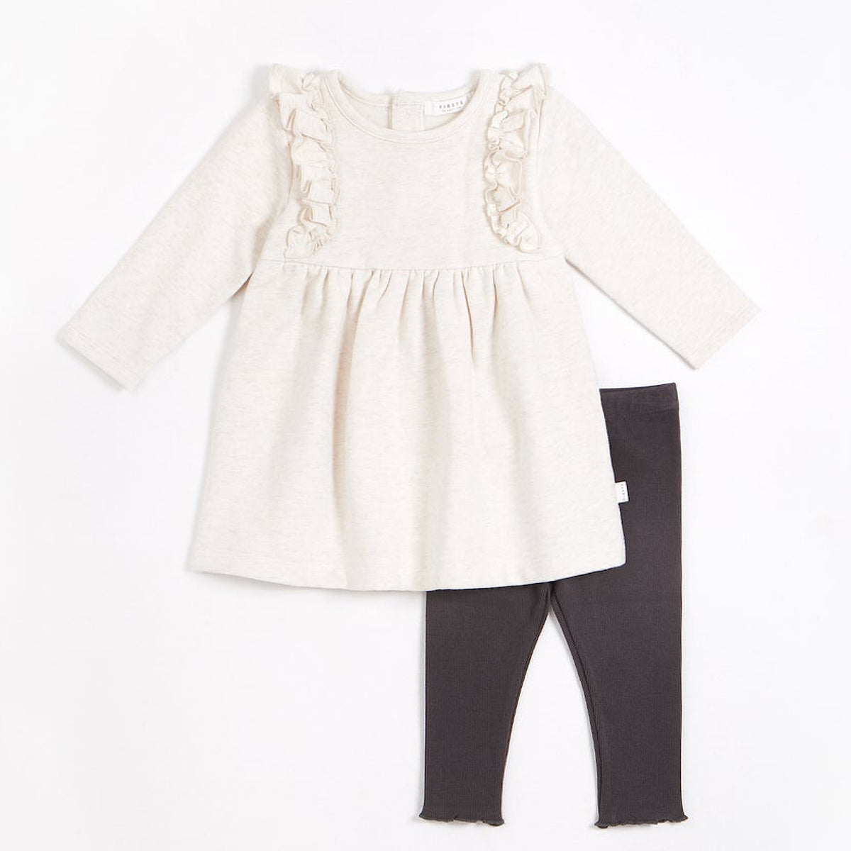 Oatmeal Ruffled Dress with Charcoal Leggings, 2 Pieces