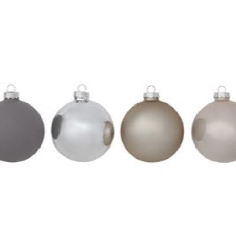 Round Glass Ball Ornaments, Silver, Boxed Set of 4