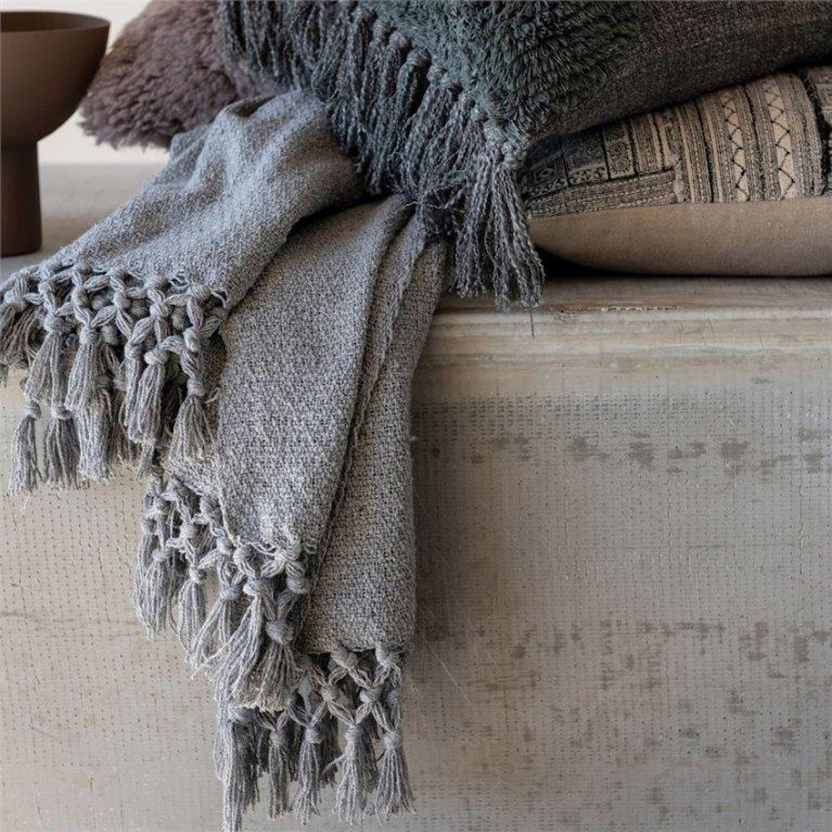 Cotton Blend Throw with Fringe, Grey