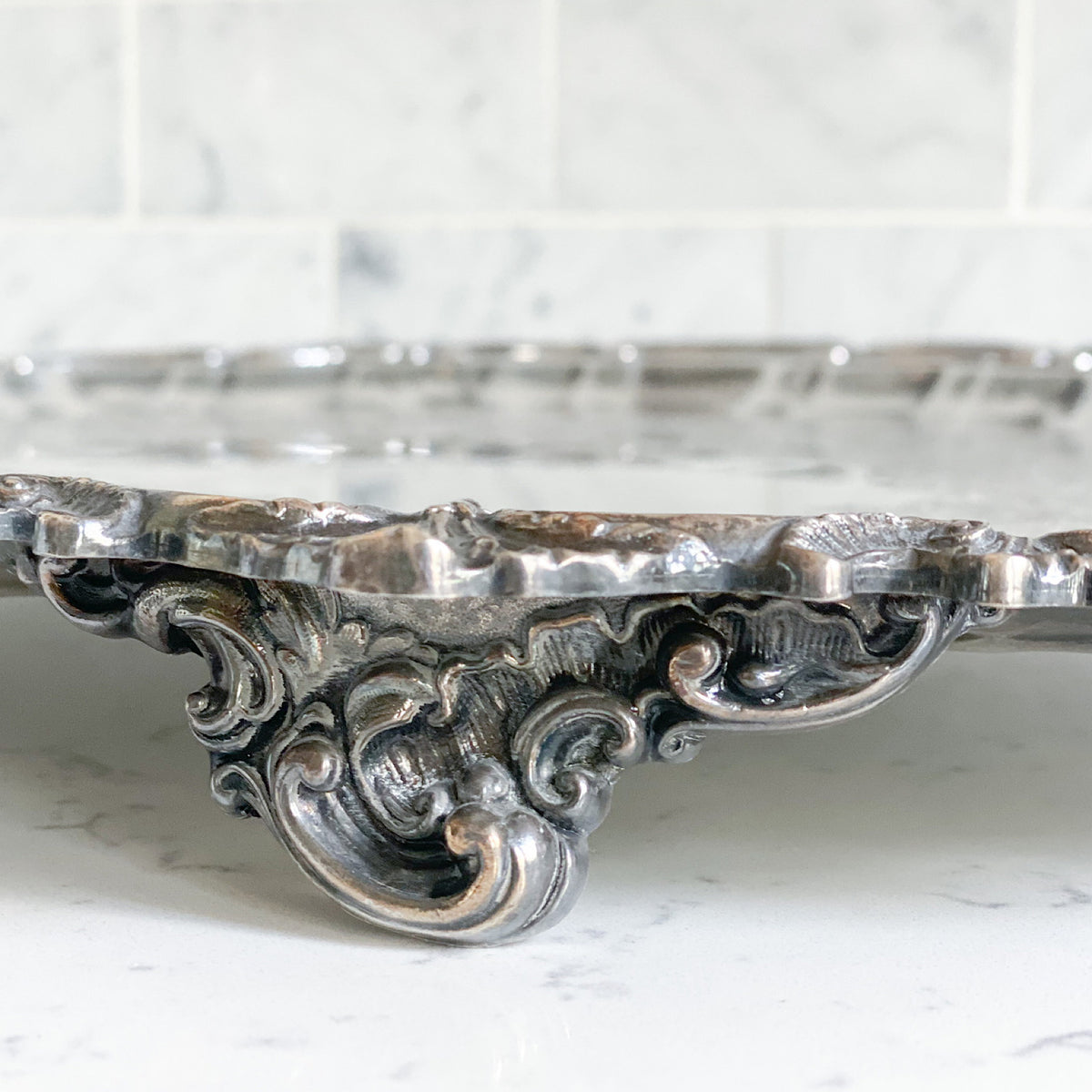 Antique Silver Plate Tray with Floral Motif