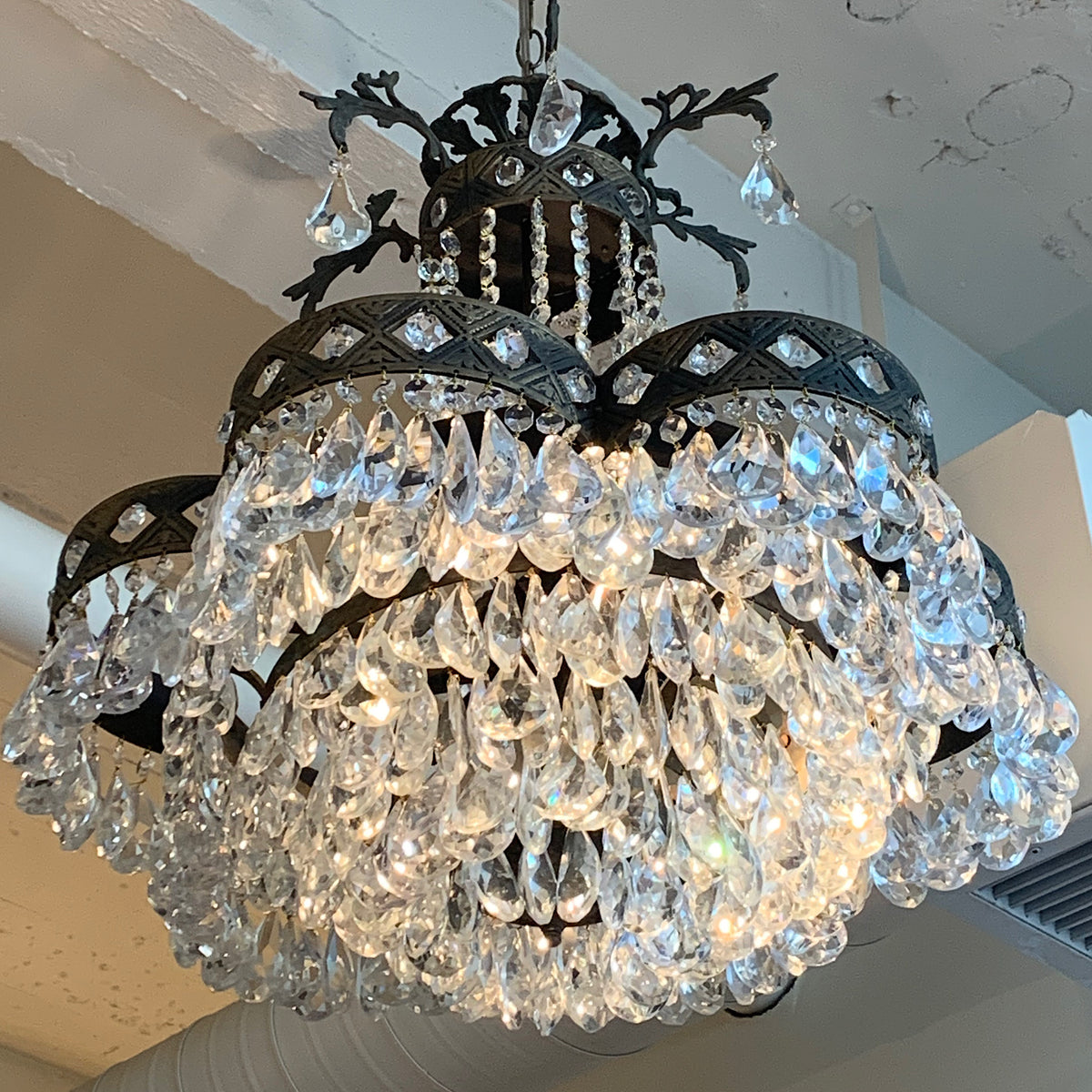 Antique German Trefoil Tiered Crystal Chandelier