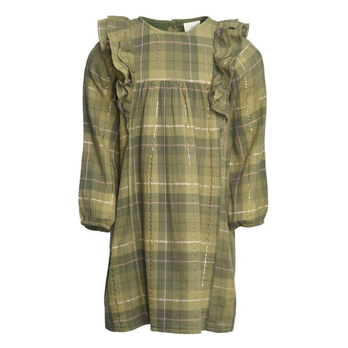 Olive Long Sleeve Dress with Glitter Check