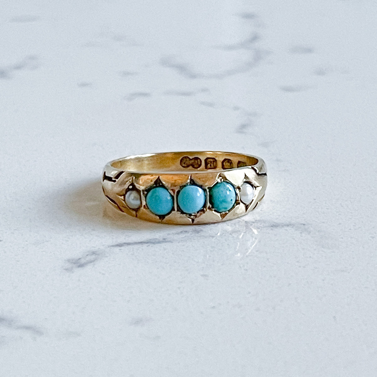 Antique 18K Gold Ring with Turquoise and Pearl, 1890