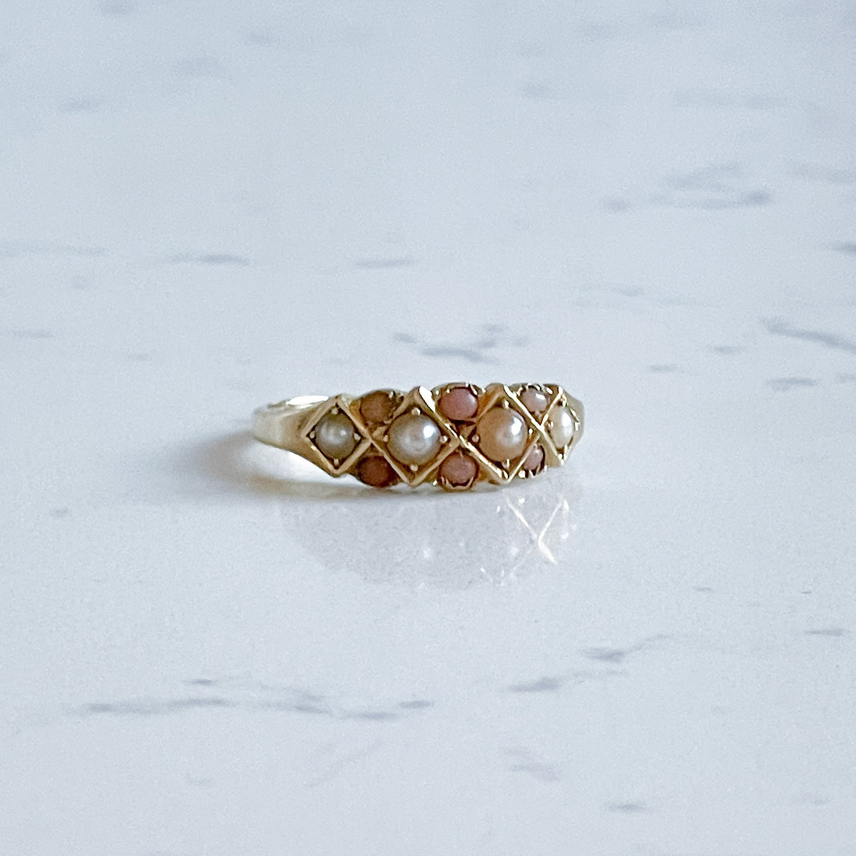 Antique 18K Gold Ring with Coral and Pearl