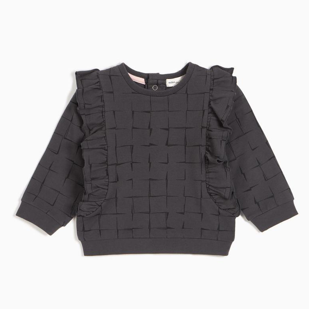 Charcoal Grid Print Sweatshirt with Ruffles