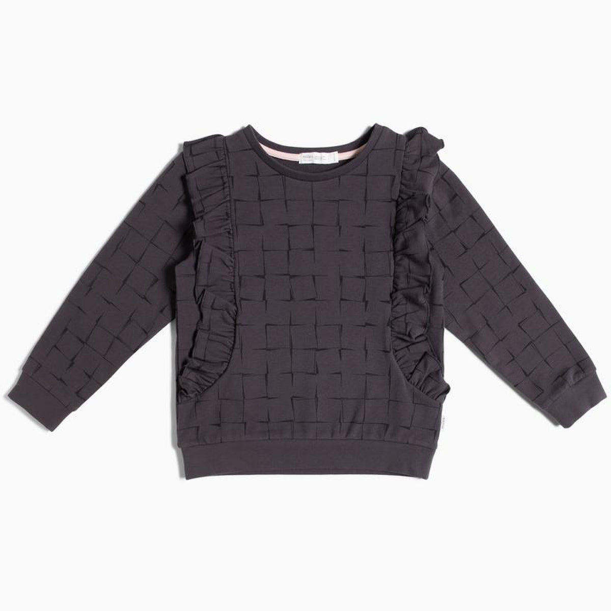 Charcoal Grid Print Sweatshirt with Ruffles