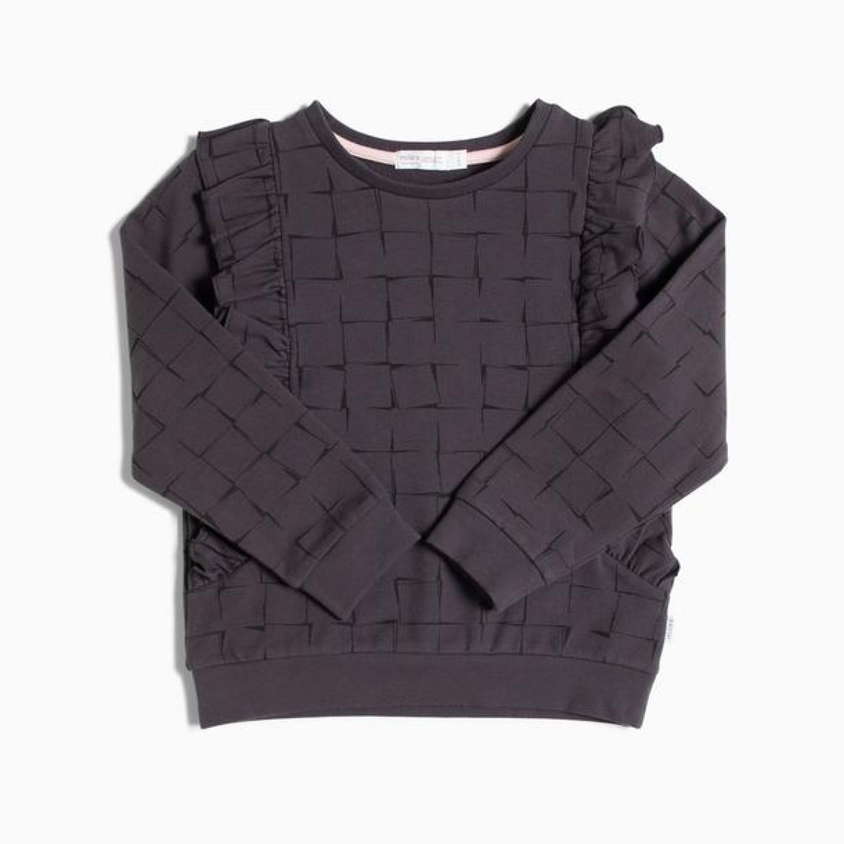 Charcoal Grid Print Sweatshirt with Ruffles