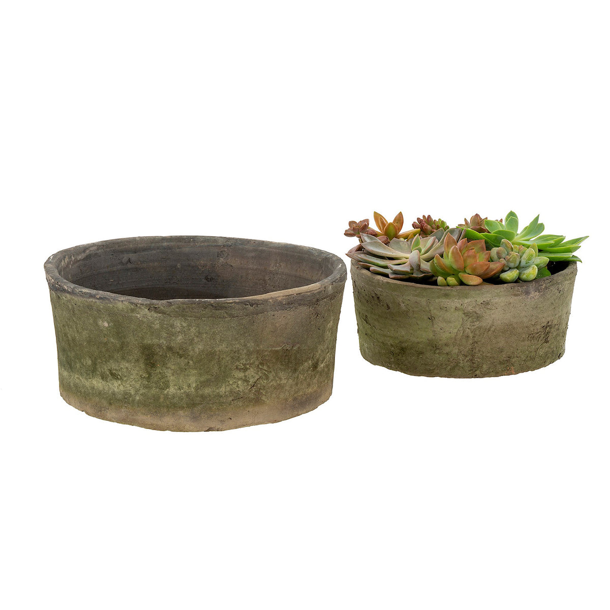 Aged Clay Planters, Antique Blackstone, Two Sizes