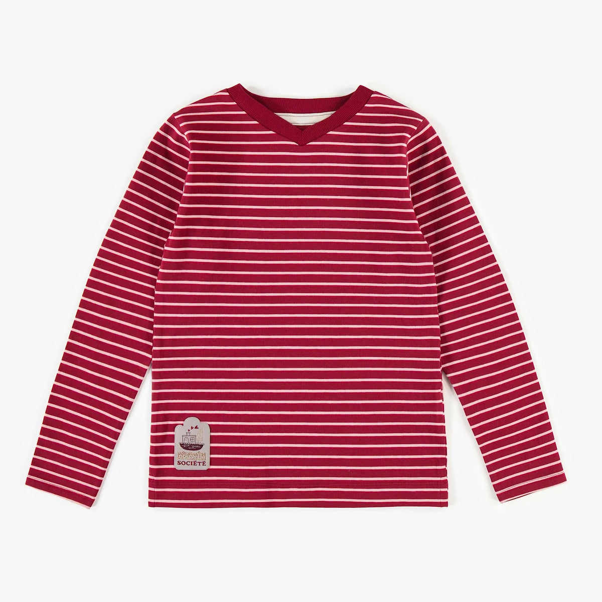 Red Striped Long Sleeve V-Neck Tee