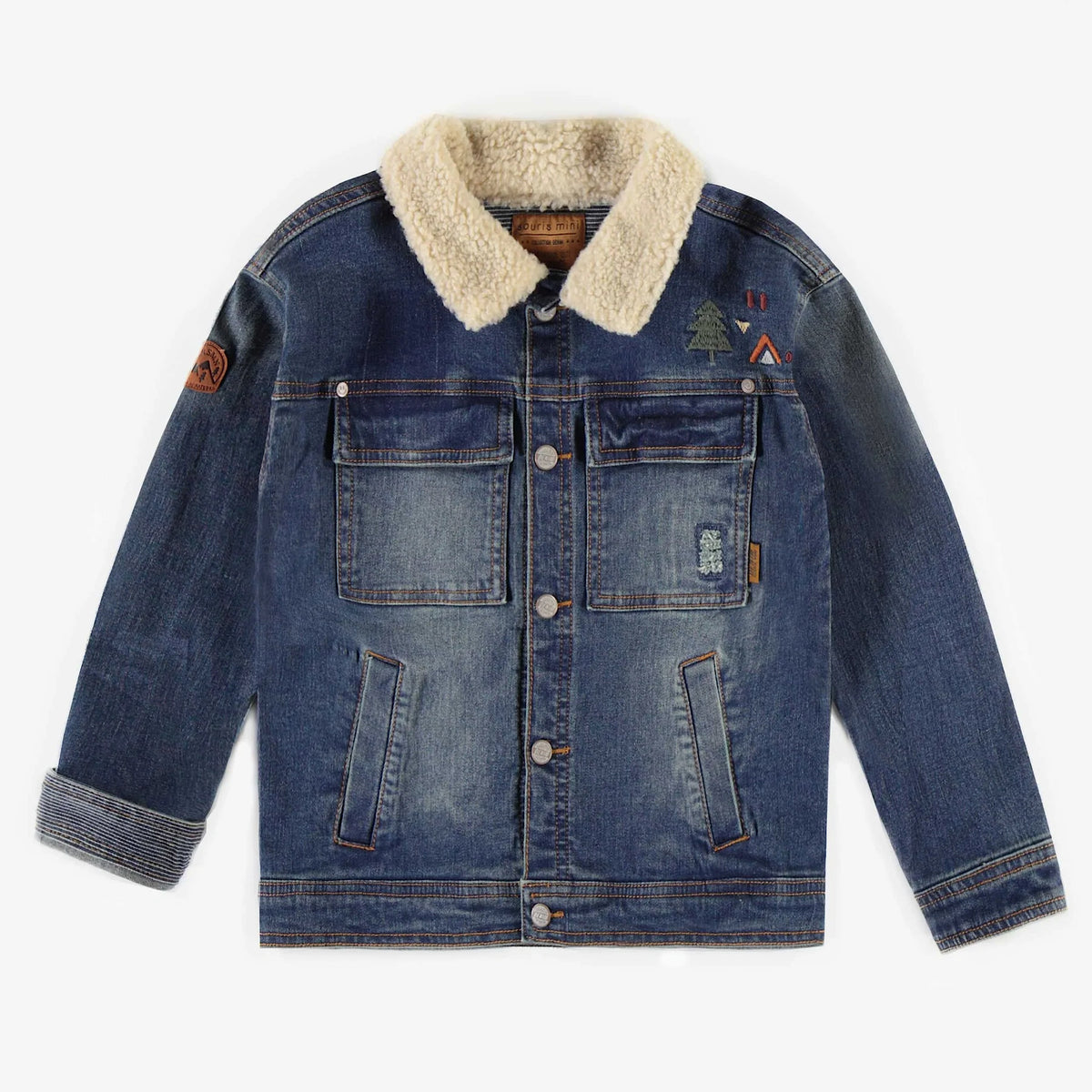 Embroidered Denim Jacket with Sherpa Collar