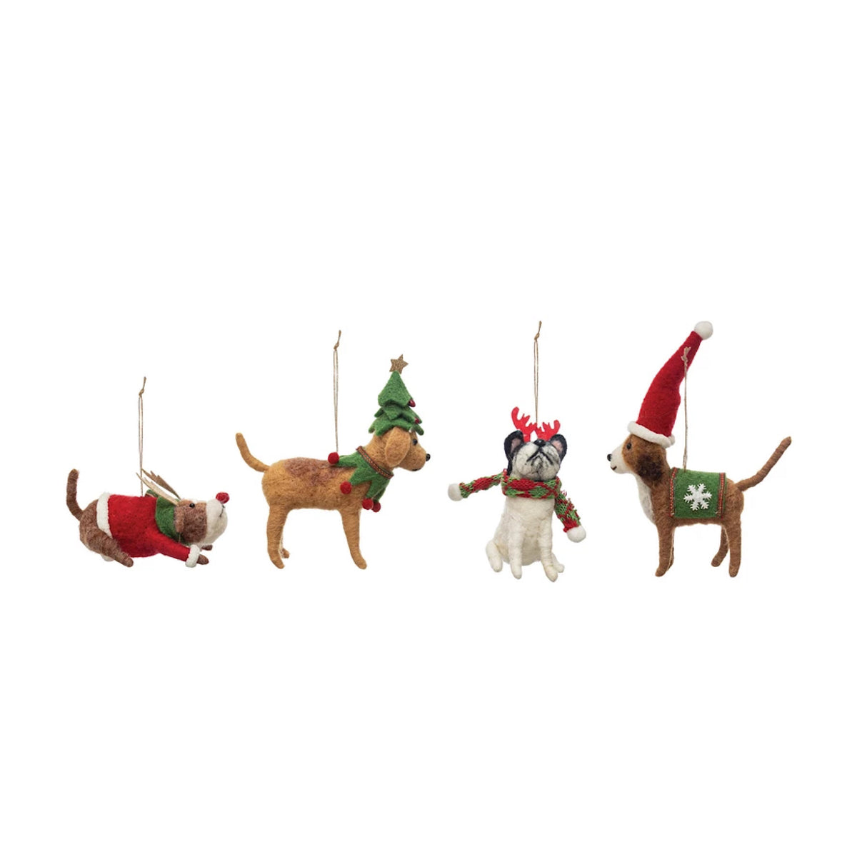 Wool Felt Dog Ornaments in Holiday Outfits