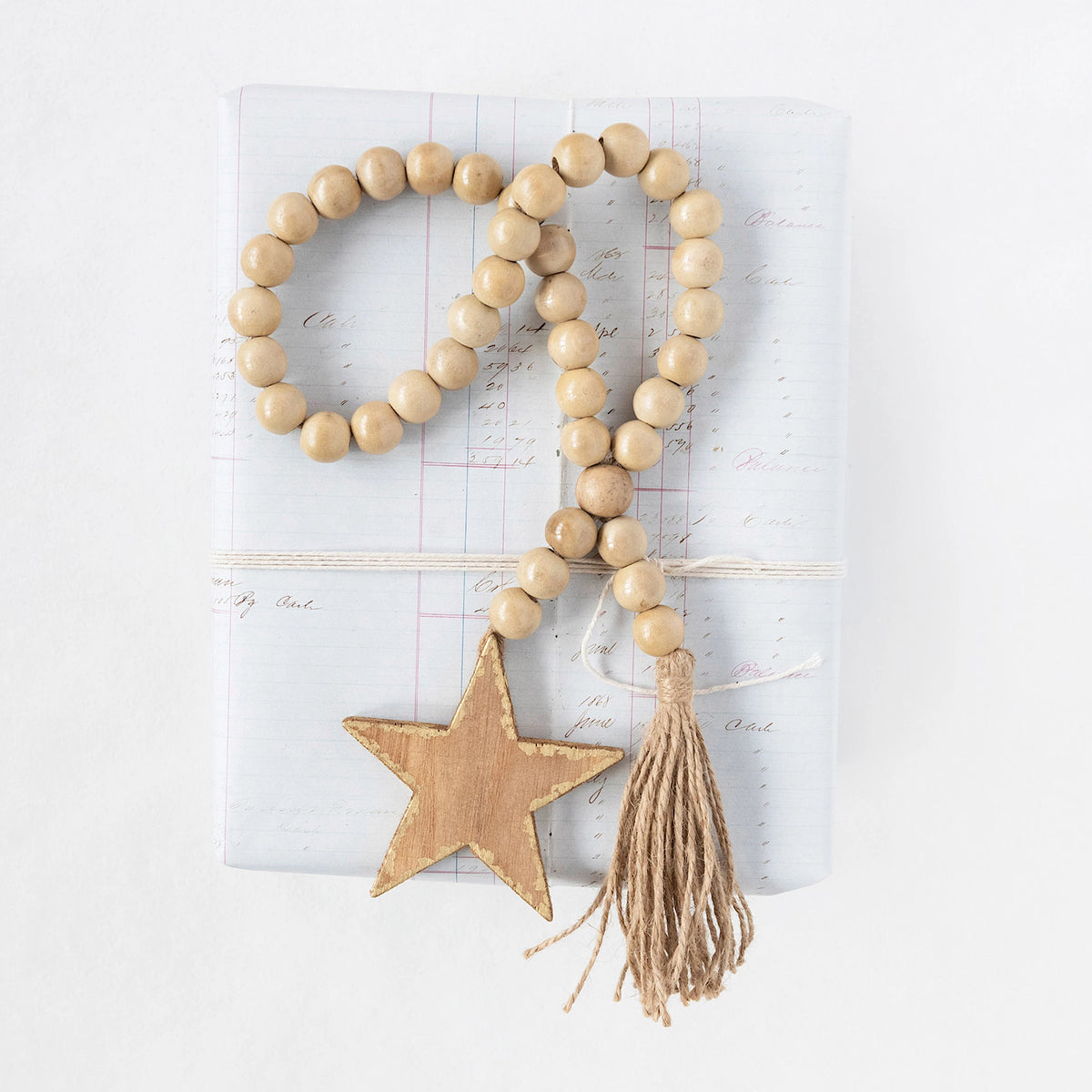 Wood Beads with Star Icon and Jute Tassel