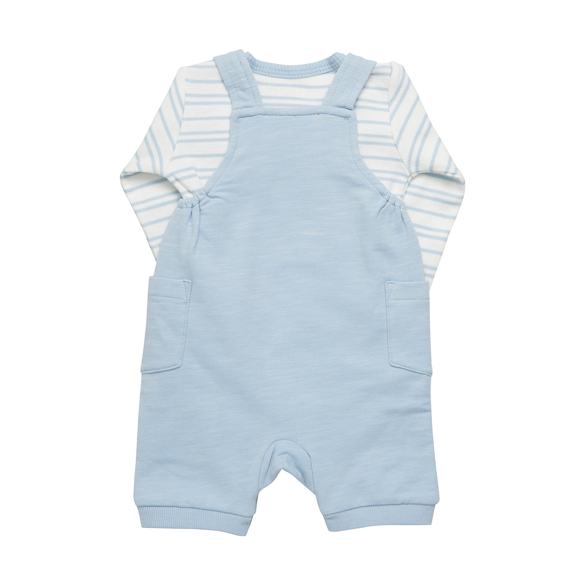 Blue Cotton Overall Set with Striped Bodysuit