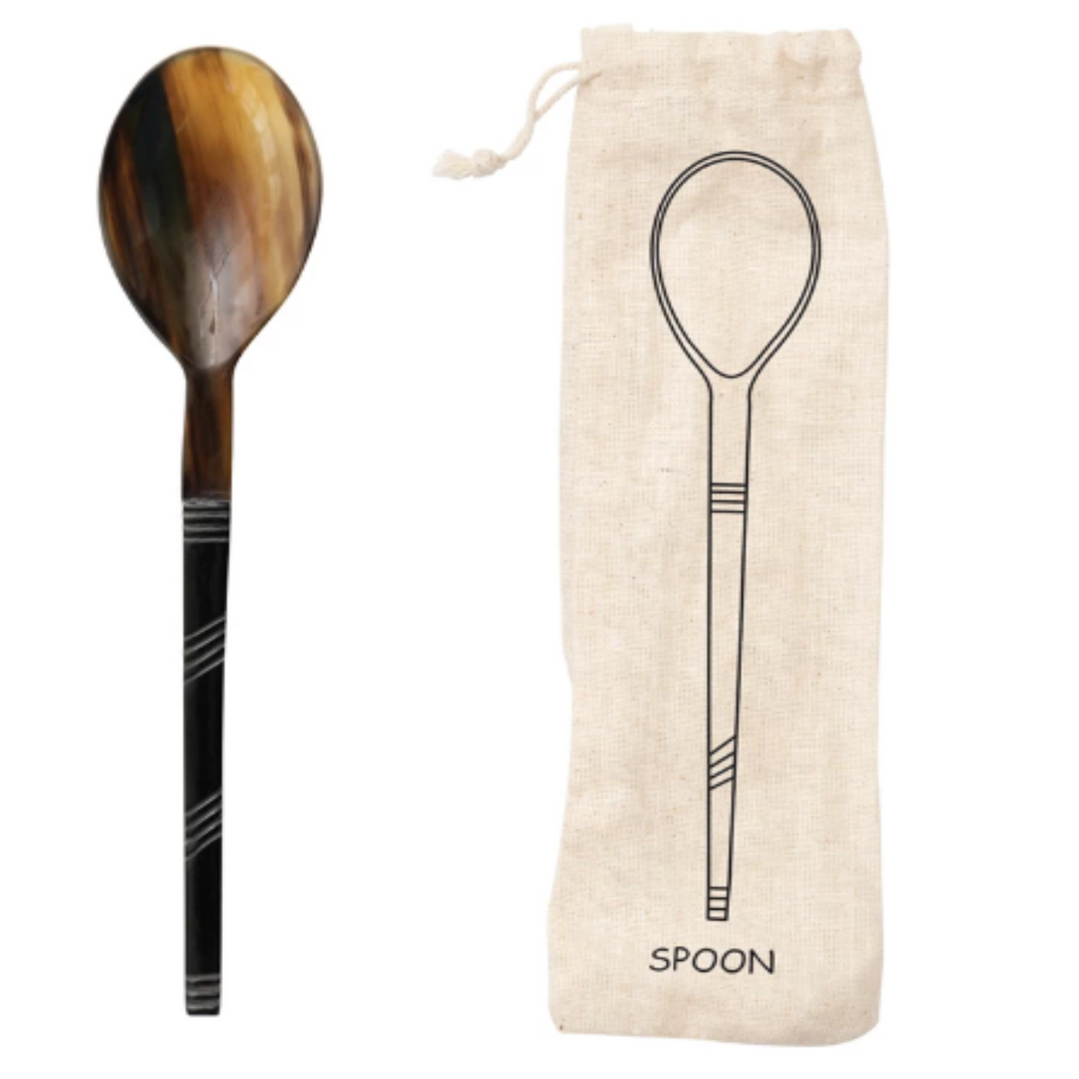 Horn Serving Spoon In Printed Drawstring Bag