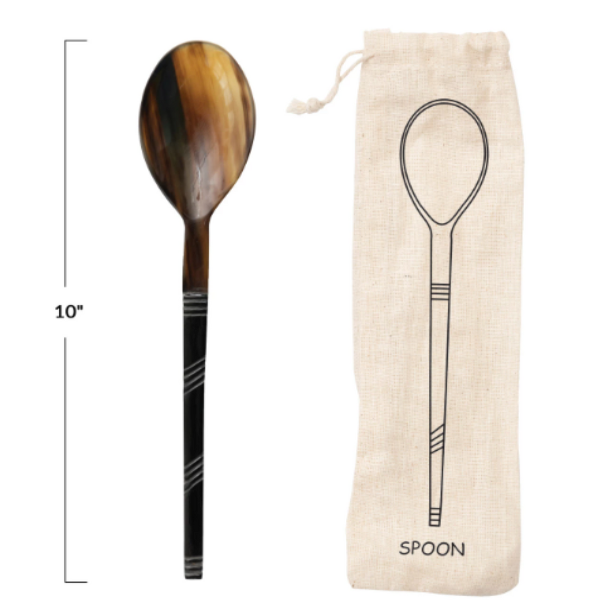 Horn Serving Spoon In Printed Drawstring Bag