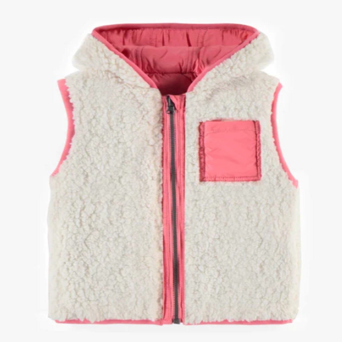 Pink reversible sleeveless jacket in nylon and sherpa