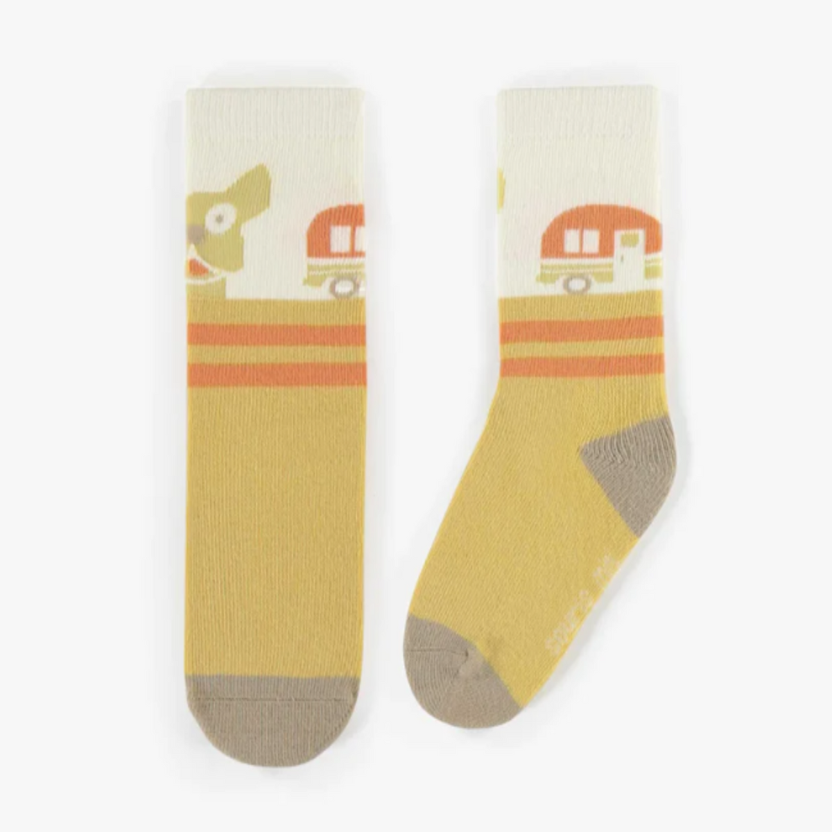 Yellow socks with dogs and camping-car, baby
