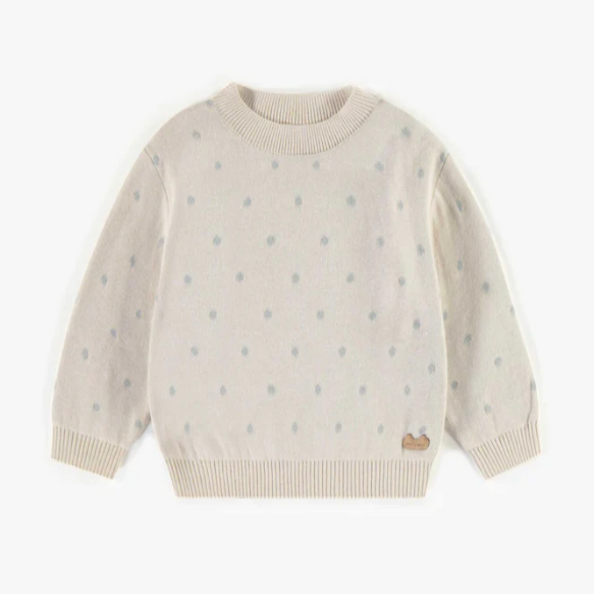 Cream patterned sweater with blue polka dots, newborn