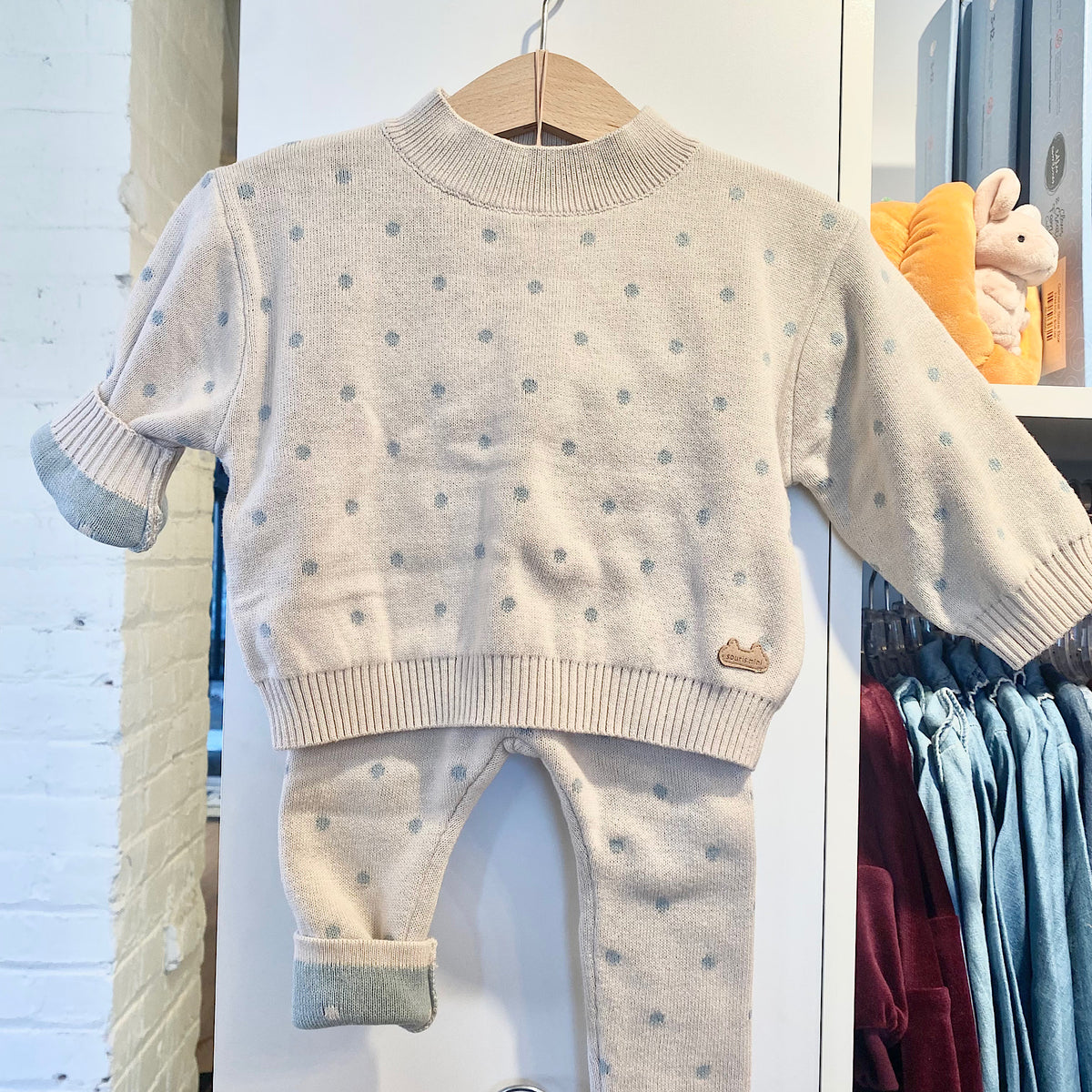 Cream legging with blue polka dots, newborn